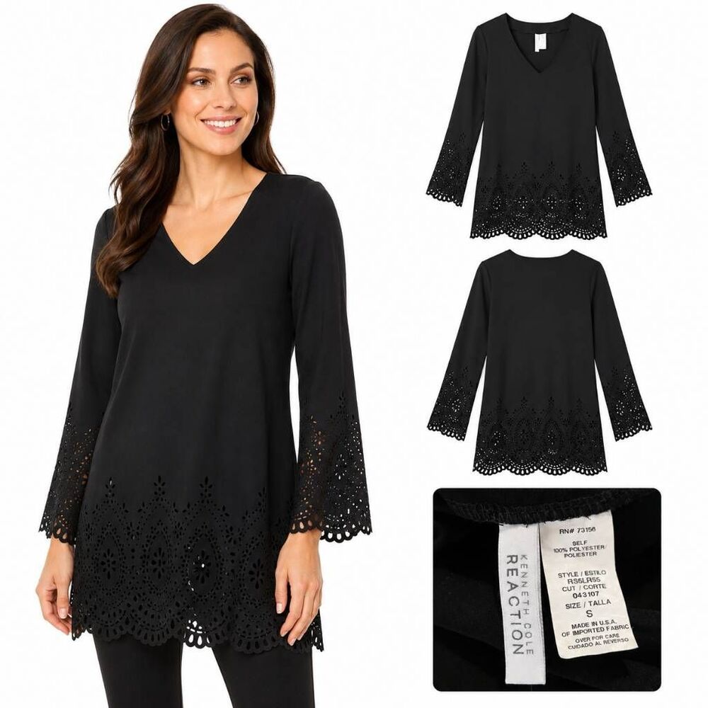Kenneth Cole Reaction S Black Laser Cut Tunic Blouse